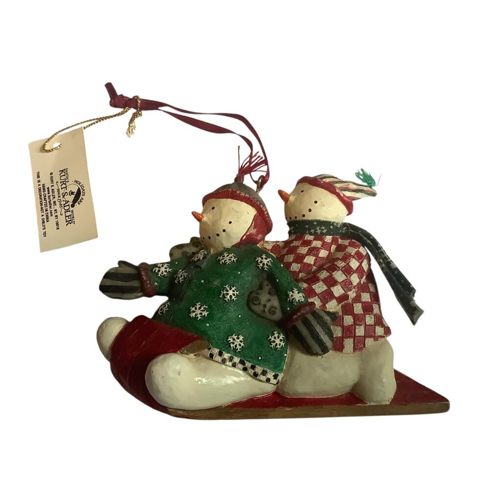 Snowman Sledding Ornament Debbie Mumm Kurt S. Adler Hand-Painted Resin‎ 3"x4.5"